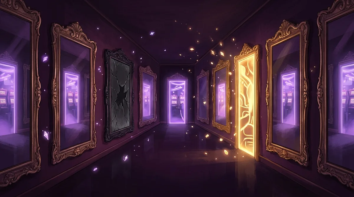 Mirror corridor with one live golden door among violet reflections