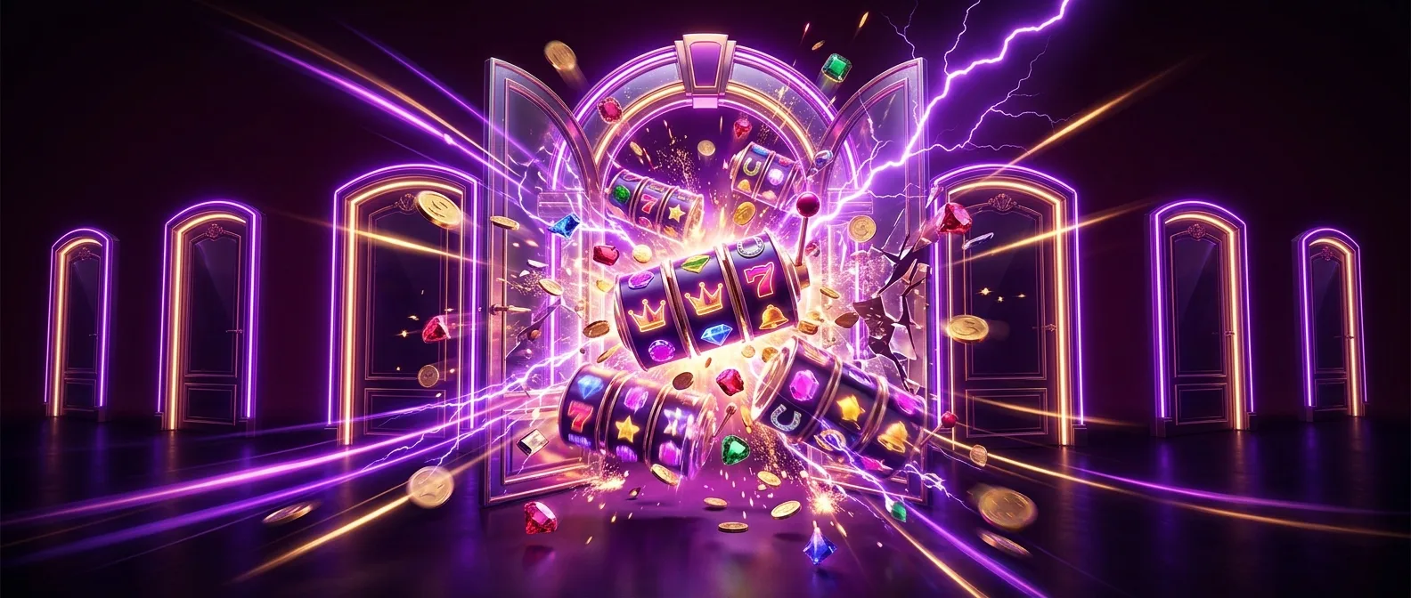Row of neon violet doorways, the nearest bursting open with slot reels, coins and gems